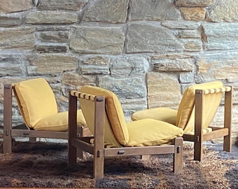 1970's Carl Straub Brutalist oak sling lounge chairs