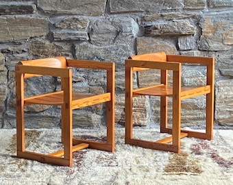 Pair of mid century Edvin Helseth Norwegian Brutalist pine arm chairs