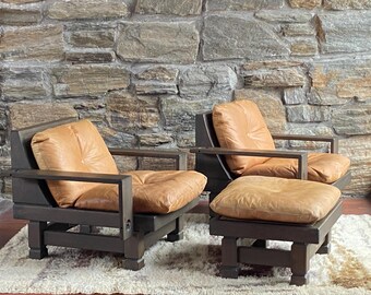 Set of Klaus Rausch brutalist wood and leather lounge chairs + ottoman + side table