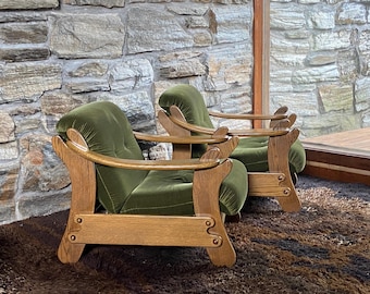 Pair of 1970's Dutch brutalist oak lounge chairs with velvet cushions