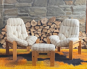 Pair of 1970's Scandinavian brutalist pine lounge chairs with ottoman