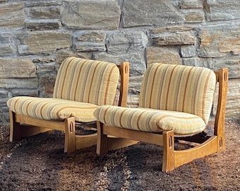 Pair of 1970's Brutalist oak sling lounge chairs - Carl Straub