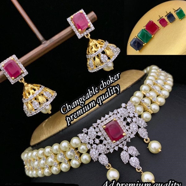 AWG 21 - France Pearl Changeable Choker Necklace Jhumka Boucles d’oreilles Ensemble (fr) Bijoux indiens (en anglais) Bijoux de mariée (fr) Bijoux ethniques Bijoux de mariage indiens (fr) Cadeau