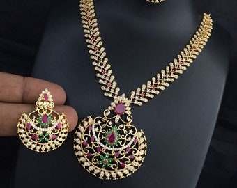AWG 21 | CZ AD Necklace | Chandbali Earrings | South Indian Jewelry | Kerala Jewelry | Ethnic Jewelry | Kerala Jewelry | Guttapusalu Set