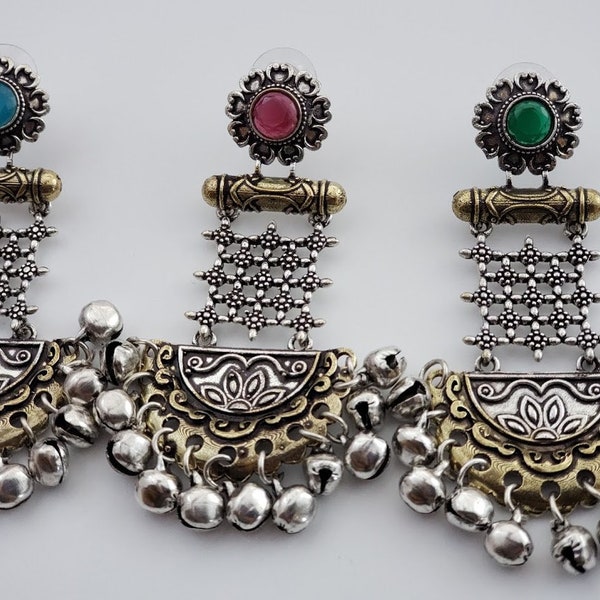 Multicolor - Oxidised Dual Tone Stone GS Jhumki Earrings 11