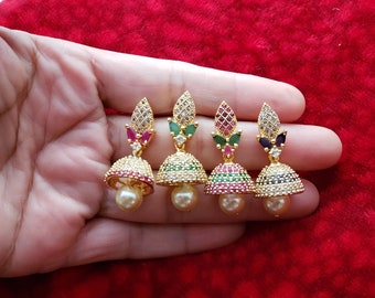 AWG 19 | Small Jhumka Earrings | Jhumki | Indian Jewelry | Temple Jewelry | CZ Earrings | Pearl | Dance | Girls's Earrings| Ruby & White