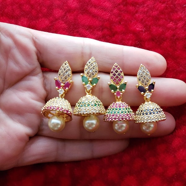 AWG 19 | Small Jhumka Earrings | Jhumki | Indian Jewelry | Temple Jewelry | CZ Earrings | Pearl | Dance | Girls's Earrings| Ruby & White