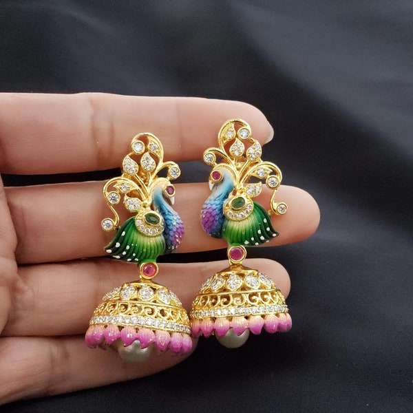 Hand Painted Peacock Jhumka Earrings | Jhumki | Indian Jewelry | Jimikki | Dance| Bridesmaids Gifts | One Gram Gold Jewelry | Jhumkka