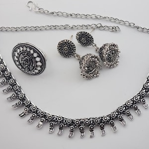 AWG 20 / Oxidized Gargantilla Combo Collar Set / / Regalo de Cumpleaños / Compromiso / Joyería India /Jhumka Pendientes /Pin de nariz /Collar de gargantilla