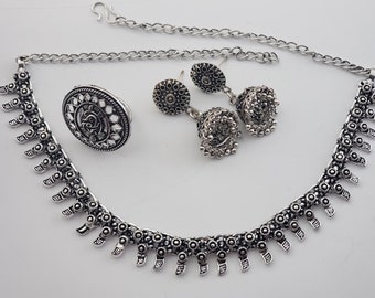 Oxidized Choker Necklace Set: Jhumka Earrings & Adjustable Ring