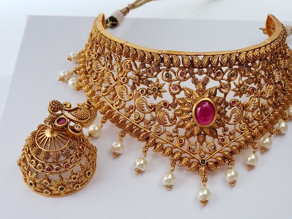 22K Antique Gold Chandbali Choker Set (101.9gm) – Virani Jewelers