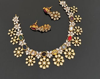 Navratan Choker Necklace: South Indian Temple Jewelry Set