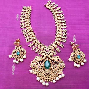 Bridal Short Peacock Necklace Set | South Indian Wedding Jewelry | Indian Jewelry | Temple jewelry | Ethnic Jewelry | Emerald | Engagement