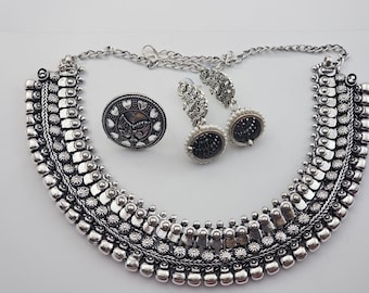 Oxidized Choker Necklace Set: Jhumka Earrings & Adjustable Ring