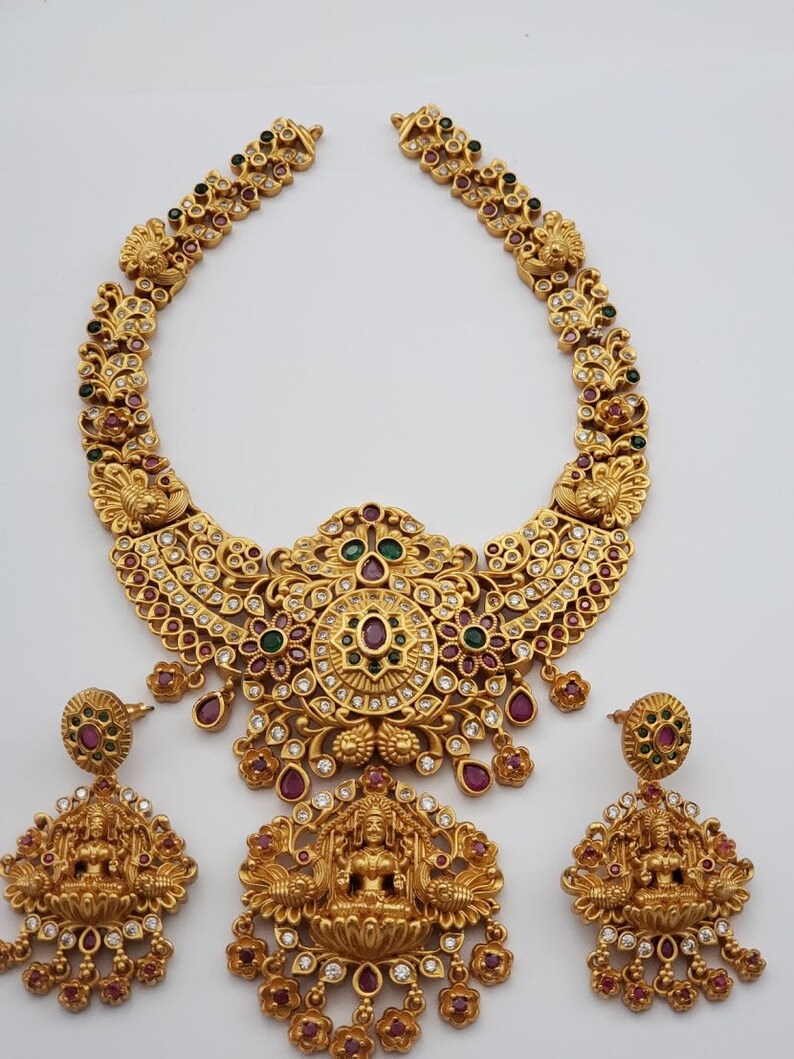 Emerald Indian Wedding jewelry Ruby South Indian Jewelry |Antique |Gift Kerala Jewelry |Dance| Peacock Bridal Lakshmi Necklace