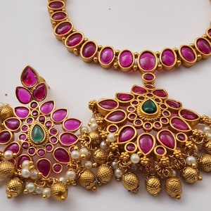 Antique Gold Plated Jewelry | Short necklace | Temple Jewelry | South Indian Jewelry | Birthday Gift |Engagement | Kemp Stone Necklace Set