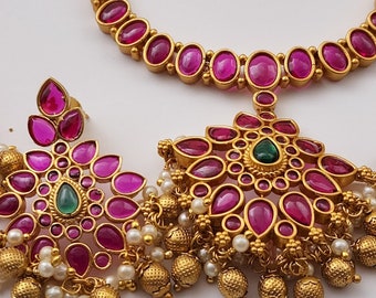 Kemp Stone Necklace Set: Antique Gold Plated South Indian Temple Jewelry