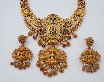 Bridal Lakshmi Necklace | Indian Wedding jewelry | South Indian Jewelry |Antique |Gift | Kerala Jewelry |Dance| Peacock | Ruby | Emerald