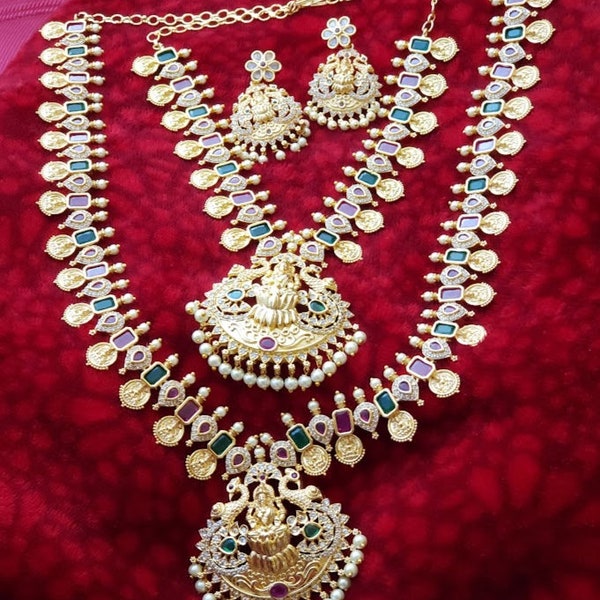 AWG 20 | Lakshmi Necklace Set| Manga Malai |Bridal | Kasu Mala| South Indian Jewelry |Indian Jewelry |Mango leaf Necklace | Temple jewelry