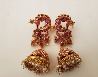 AWG 20 | Long Jhumka Earrings | Designer Earrings | Indian Jewelry | Kempu Stones Earrings | Dance | Gifts | Ruby | Guttapusalu