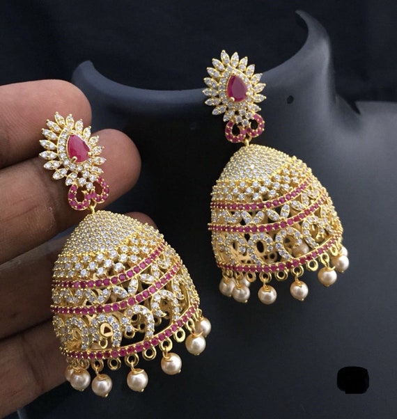 CZ Peacock Jhumka | Urvaa | One Gram Gold CZ Peacock Jhumka Jewellery