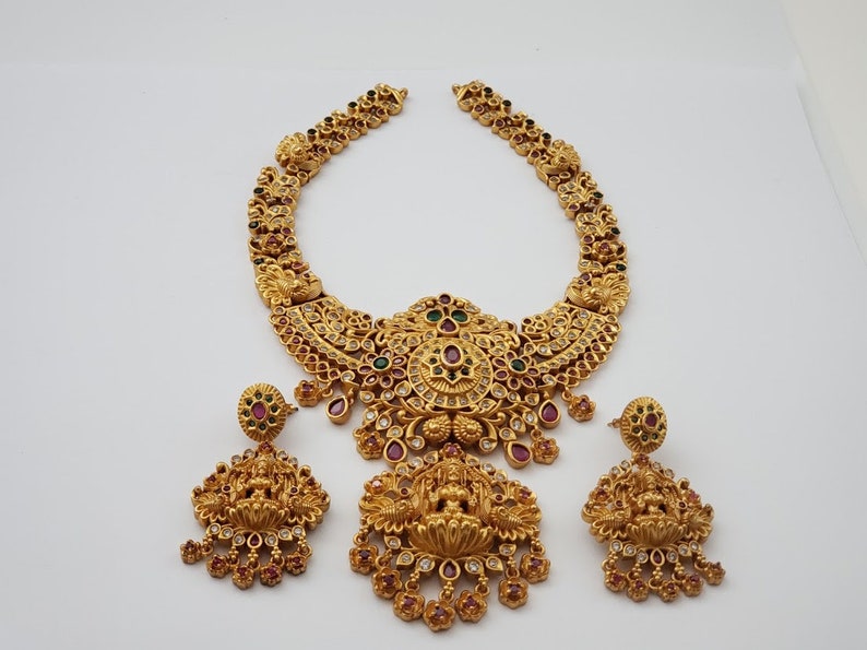 Emerald Indian Wedding jewelry Ruby South Indian Jewelry |Antique |Gift Kerala Jewelry |Dance| Peacock Bridal Lakshmi Necklace
