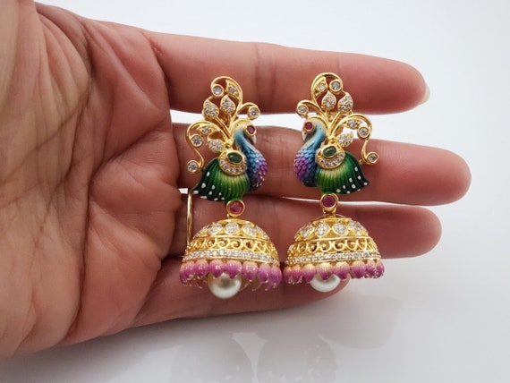 Hand Painted Peacock Jhumka Earrings Jhumki Indian Jewelry Jimikki
