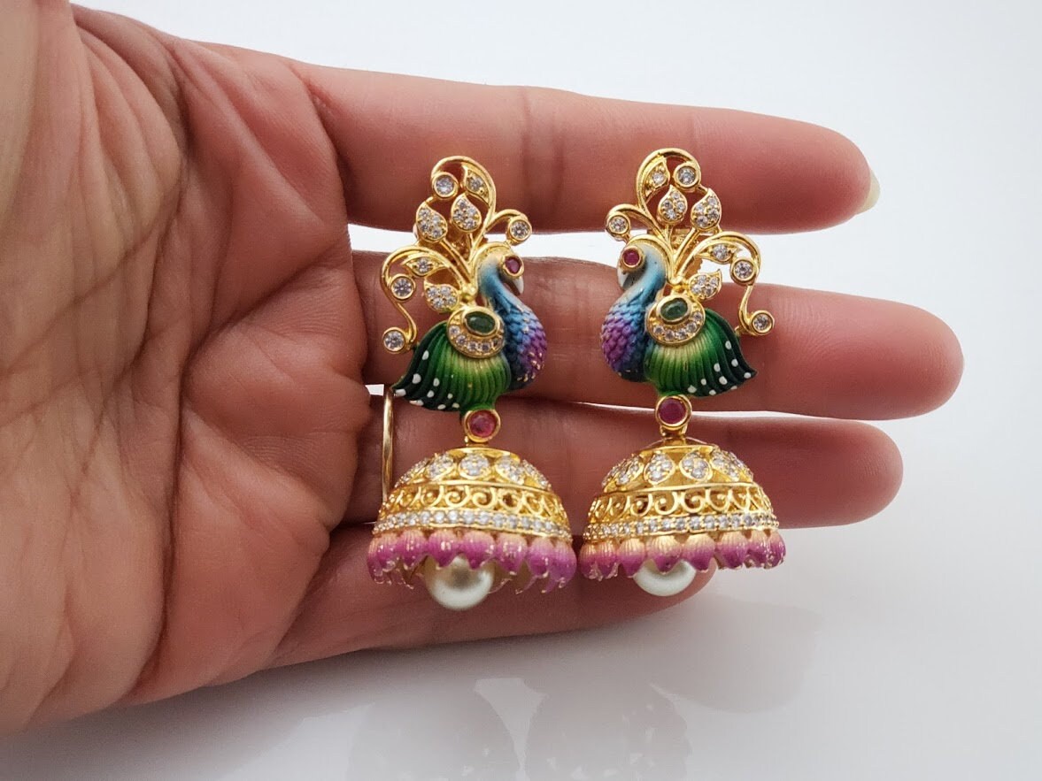Hand Painted Peacock Jhumka Earrings Jhumki Indian Jewelry Jimikki