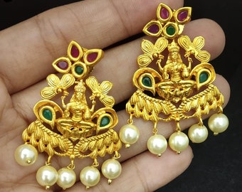 AWG 20 | Lakshmi Earrings | Dance| Gifts | Ruby |Stud Earrings |Emerald |Indian Jewelry |South Indian Jewellery |Lightweight |Temple Jewelry