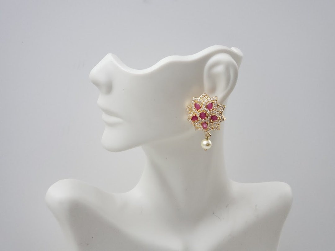 Big Indian Stud Earrings CZ Studs Indian Jewelry Gold Plated