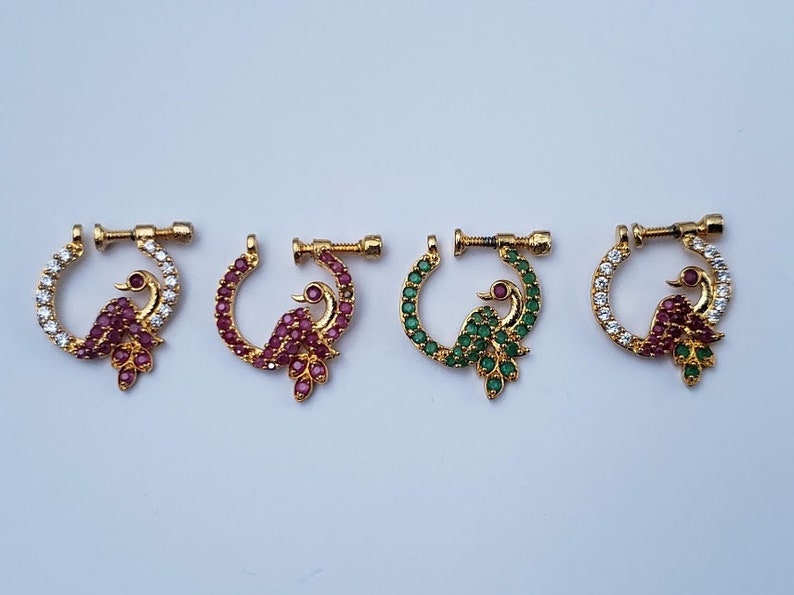 Nose Ring Peacock Left Side No nose piercing required South Indian Nose Pin|Nose Hoop Nose Pin Bridal Small Indian Jewelry