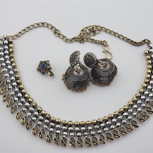 AWG 20 / Conjunto de collar combinado de gargantilla oxidada / / Regalo de cumpleaños / Compromiso / Joyería india / Pendientes Jhumka / Pin de nariz / Collar de gargantilla