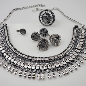 Oxidized Indian Jewelry Set: Choker Necklace, Jhumka Earrings, Nose Pin & Ring