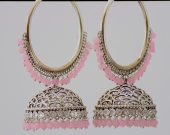 Pink ONLY | AWG 19 | Big Jhumka Earrings | Indian Jewelry |CZ Earrings |Dance |Bridesmaids Gifts |Silver plating Jewelry | Big Hoop Earrings