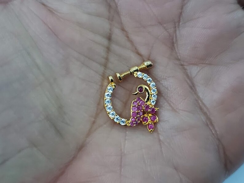 Nose Ring Peacock Left Side No nose piercing required South Indian Nose Pin|Nose Hoop Nose Pin Bridal Small Indian Jewelry