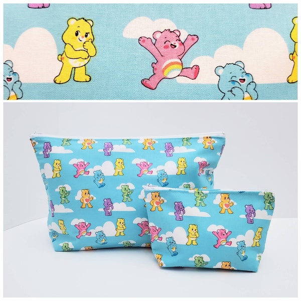 CARE BEARS, College Essentials Toiletry Bag with Matching Pouch, Nostalgic Childhood Novelty Print, 1980's 1990's 2000's, Rainbow 2pc