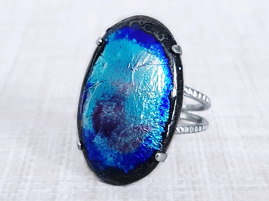 Bague Ancienne Réglable En Verre Dichroïque Jaune - Plaqué Argent 925 - Taille 9