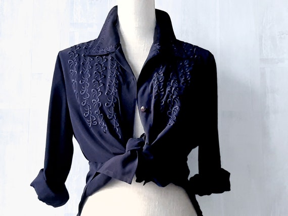 Floral Inspired Blouse, Dark Blue 1980s Blouse, D… - image 3