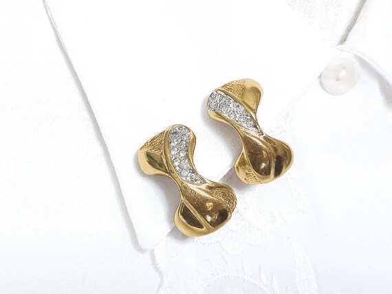 Bow Tie Shaped Earrings, 80s GP Earring, 80s Rhinestone Earring, Diamante Gold Plated Earrings, Vtg Diamante Earrings, 80s Diamante Earring