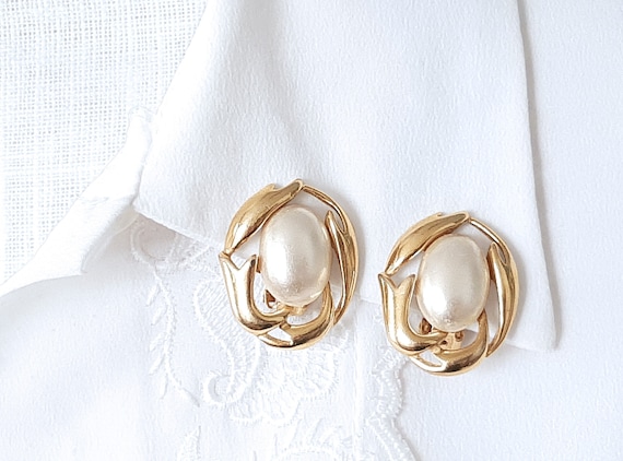 Large 80s Pearl & Gold tone Earrings, Designer St… - image 1
