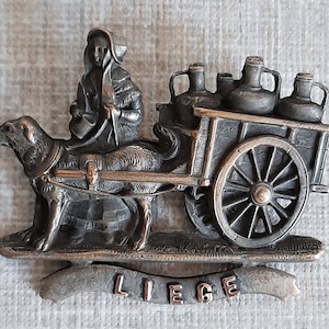 Liege Brooch, Brass Dog and Cart Brooch, Sweetheart Brooch, Battlefield Town Brooch, Leige Sweetheart Brooch, Belgian Sweetheart Brooch