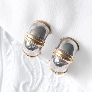 Two tone Vintage Earrings, Designer Style 80s Earrings, 80s Gold and Silver tone Clip ons, 1980s Half Hoop Gold and Silver tone Clip ons