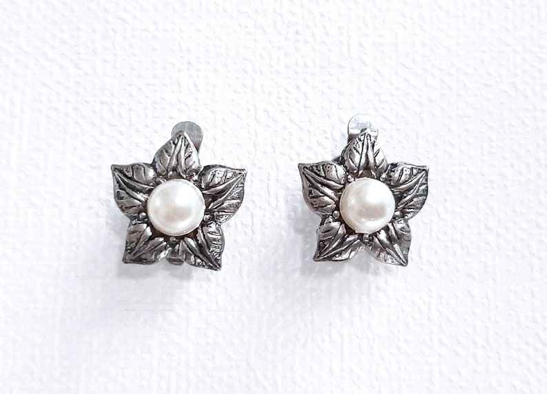Clip on Flower Stud Earrings With Pearls Preloved Pearl Etsy UK