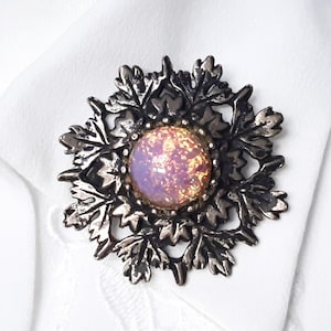 Floral Oxidized Brooch, Round Oxidised Brooch, 60 Vtg Round Brooch, 60s Round Floral Brooch, Vtg Floral Inspired Brooch, Faux Opal Brooch