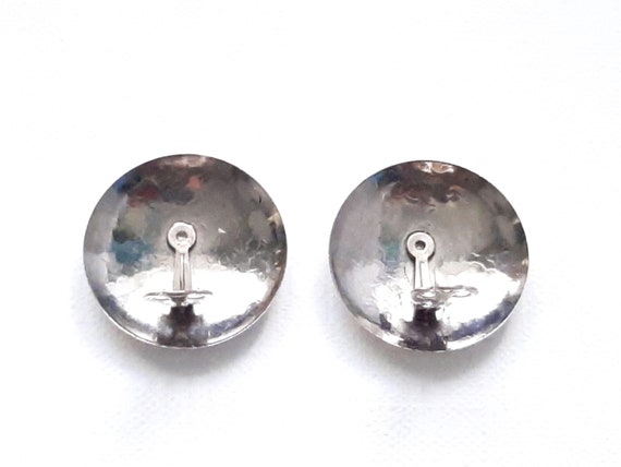 Large Silver tone Button Earrings, Round Disc Cli… - image 4