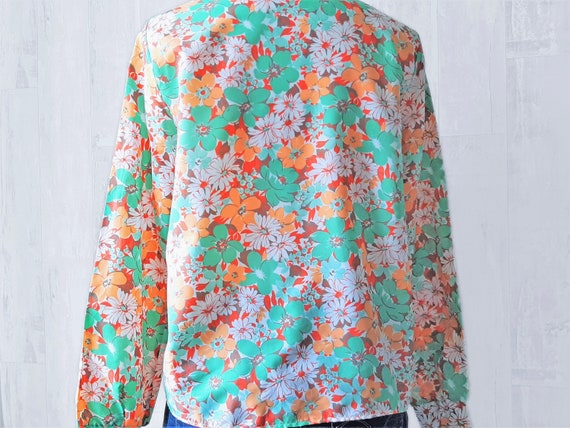 unique vintage piece sheer blue red orange green Bold floral vintage ls blouse spring trends