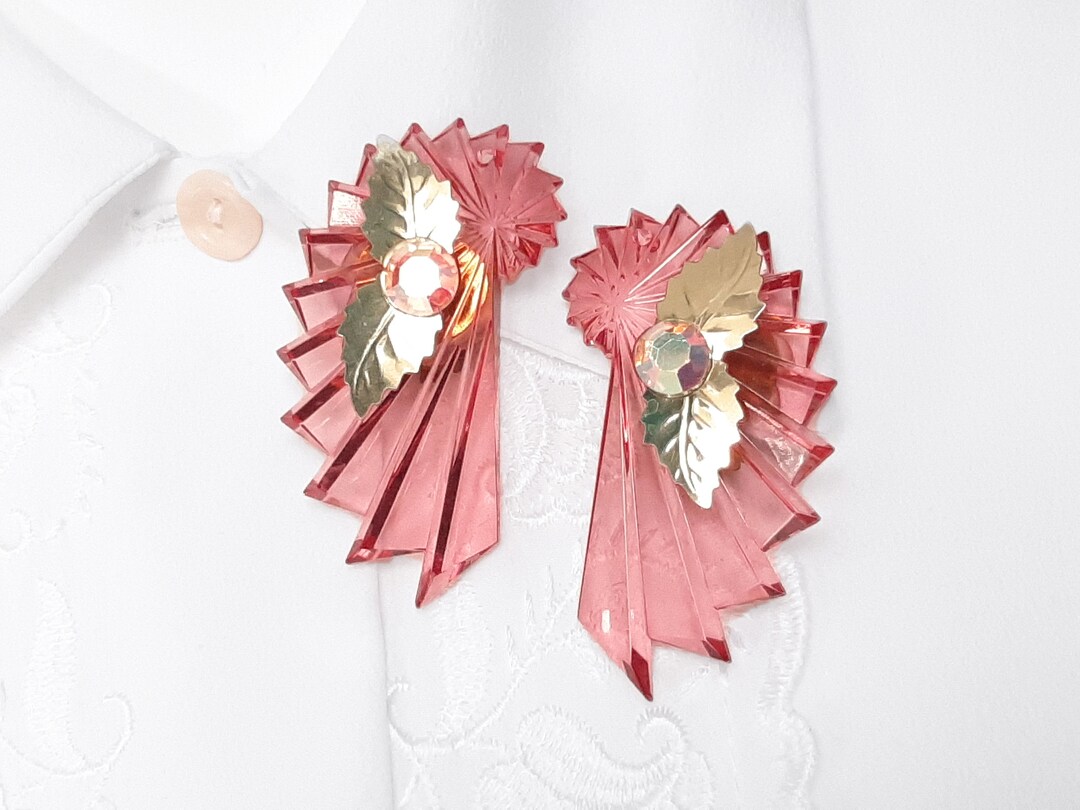 Vintage Pink Acrylic Earrings, Pink Acrylic Earrings, Sequin Leaf