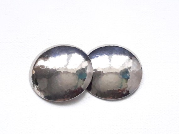Large Silver tone Button Earrings, Round Disc Cli… - image 1
