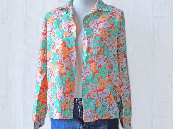 unique vintage piece sheer blue red orange green Bold floral vintage ls blouse spring trends