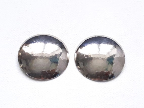 Large Silver tone Button Earrings, Round Disc Cli… - image 2